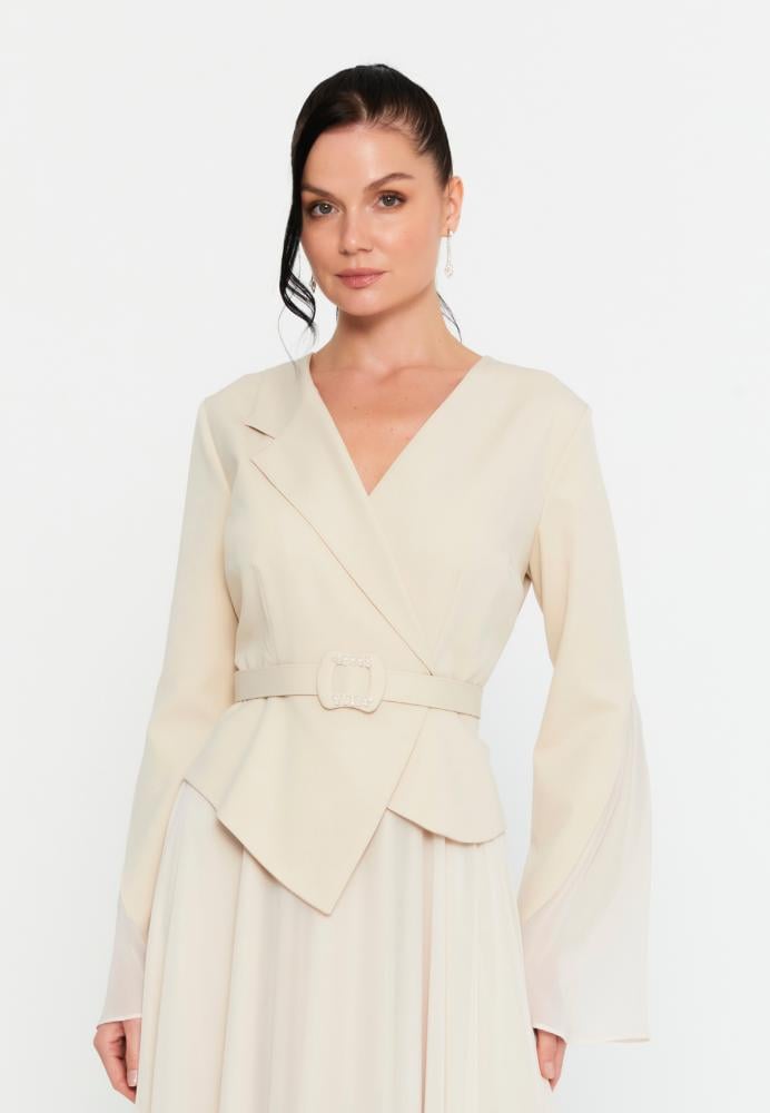 فستان سهرة طويل الأكمام من الشيفون بتصميم عمودي