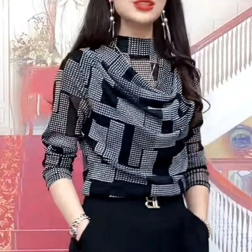 تي شيرت بطيات مزاجية للنساء ، كم طويل ، نصف رقبة ع...