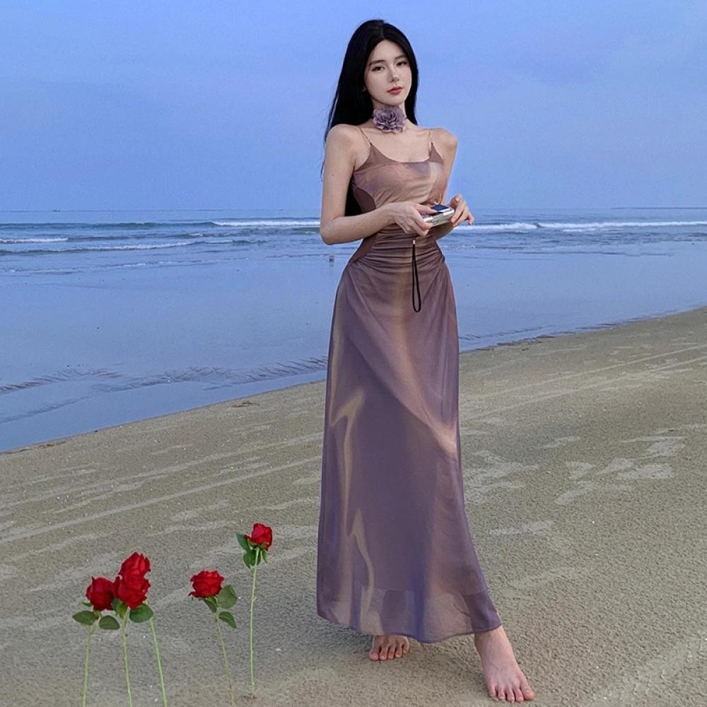 جديد الصيف فستان ميدي غير رسمي للنساء سليم أكمام عارية الذراعين Vestido موضة أنيقة عطلة الشاطئ فساتين الإناث الملابس