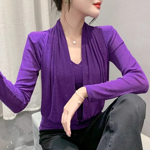 تي شيرت شبكي مثير بياقة على شكل v للسيدات ، تي شير...