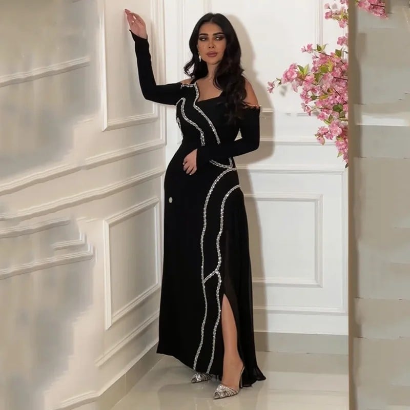 فستان حفلة موسيقية بأكمام طويلة من Aleeshuo ، عصري ، أسود ، المملكة العربية السعودية ، مع فتحة جانبية ، مطرز بالخرز اللامع ، طول الكاحل ،