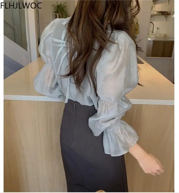 2021 الربيع Fenimine كوريا شيك القمم Blusas المرأة موضة مضيئة كم الصلبة الصليب كريسس قميص بلوزة للسيدات البلوزات