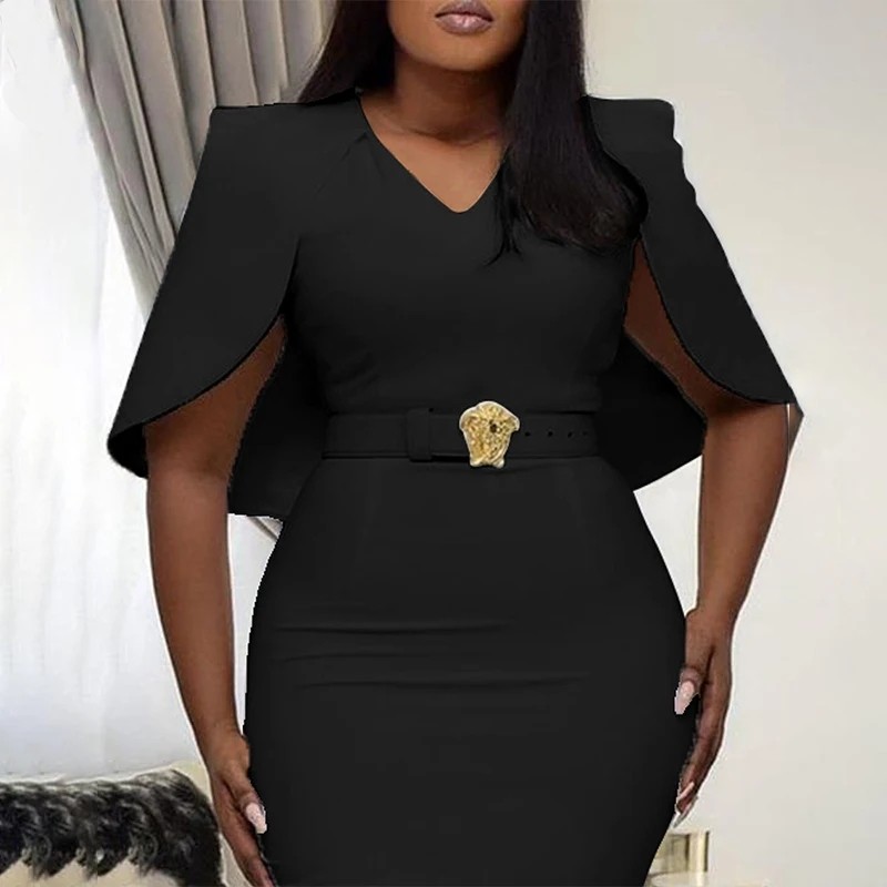 نساء موضة أنيقة رسمية الصلبة الأبيض كيب كم العمل وزرة عالية الخصر ضيق Bodycon فستان سهرة (بدون حزام)