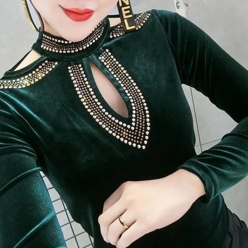 تي شيرت عتيق بأكمام طويلة للنساء ، ألماس أنيق ، يا...