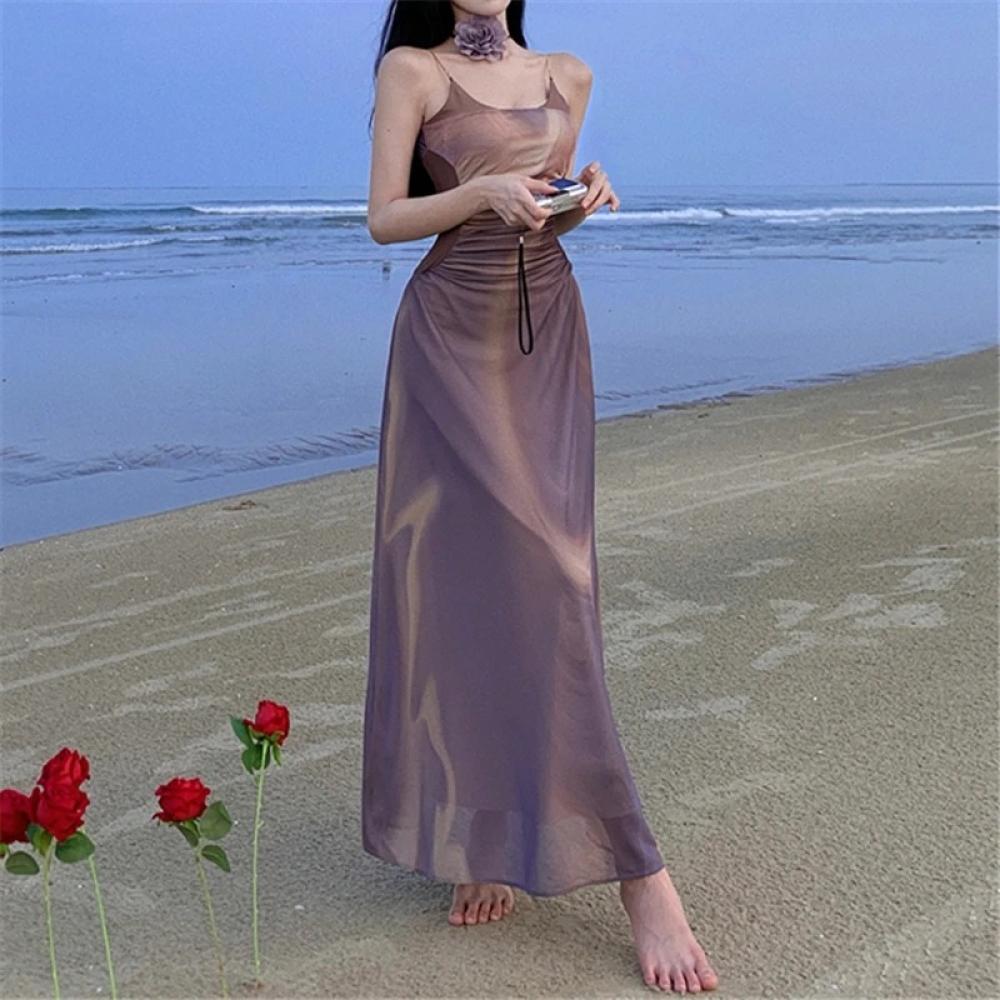جديد الصيف فستان ميدي غير رسمي للنساء سليم أكمام عارية الذراعين Vestido موضة أنيقة عطلة الشاطئ فساتين الإناث الملابس