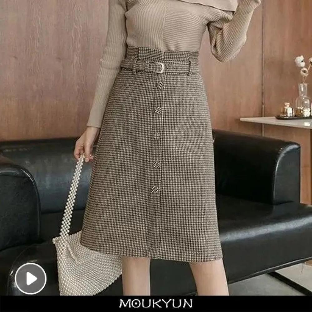 MOUKYUN-تنورة منقوشة من الصوف المخلوط بحزام ، خصر عالي ، نحيف ، hh9 stبلو ، a-line ، طول الركبة ، ميدي
