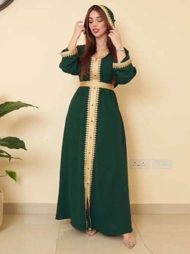 فستان مسلم بقلنسوة للعيد عباية إسلامية دبي أخضر مق...