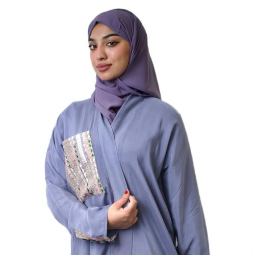 عباية حرير ياباني سماوي مع كتان مطرز