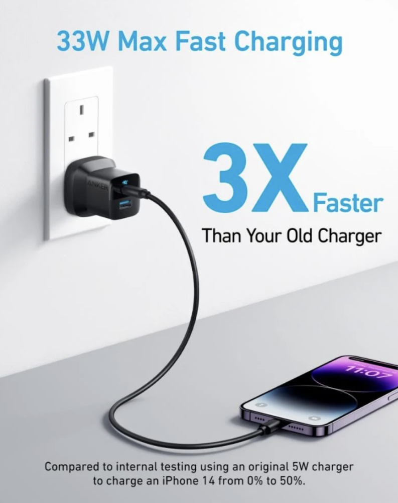 انكر - فيش جداري بقوة 33 واط بمنفذ تايب سي ومنفذ USB-A مع سلك تايب سي