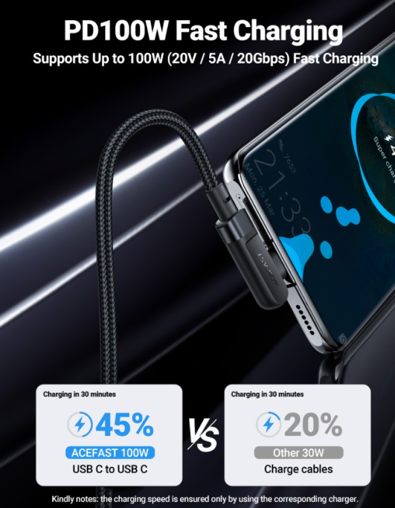 AceFast - كيبل تايب سي الى تايب سي بقوة 100 واط الومنيوم بطول 2 متر زاوية قائم - اسود