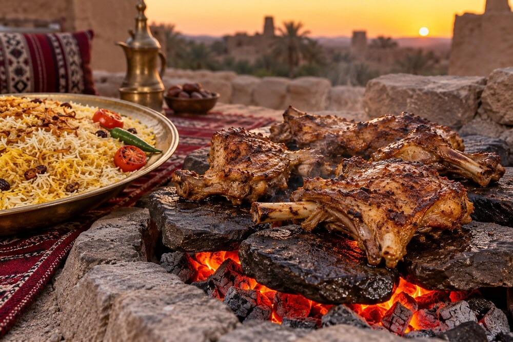 مظبي لحم غنم بالعظم مشوي على أحجار ساخنة مع أرز بسمتي