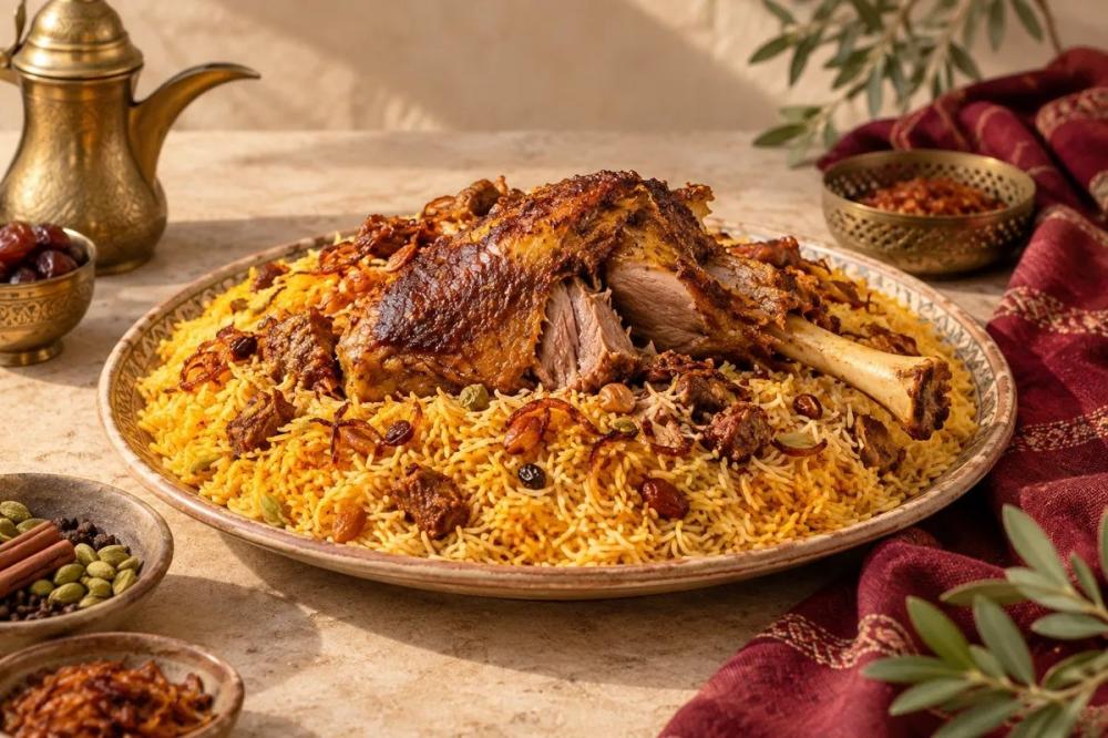 طبق مندي لحم وأرز على مائدة بطابع نجدي