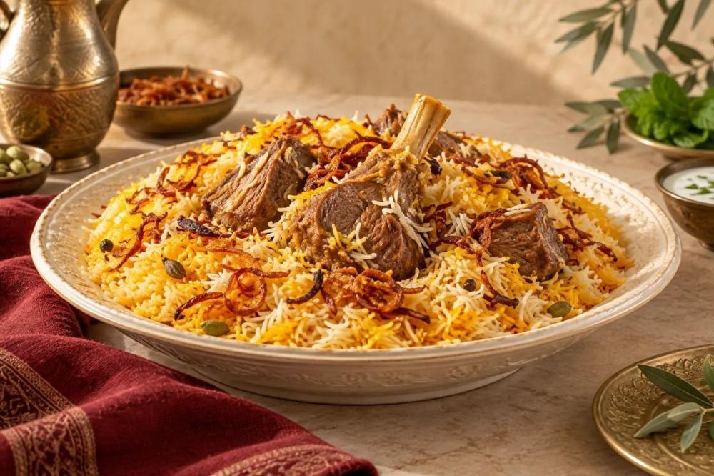 طبق برياني لحم مع أرز وبهارات