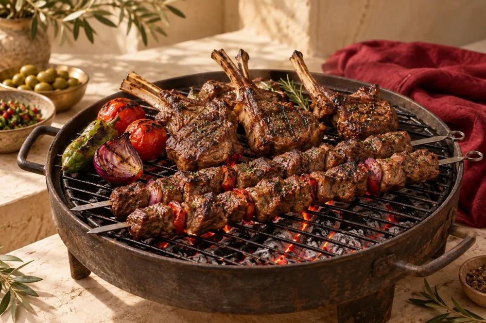 تشكيلة لحوم مشوية مع أعشاب على مائدة
