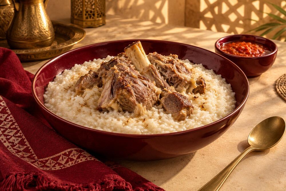 سليق لحم بالحليب مع قطع غنم بالعظم في طبق خمري