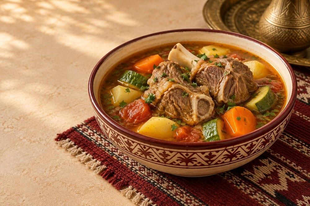 شوربة لحم غنم بالعظم مع الجزر والبطاطس والكوسا في وعاء خزفي