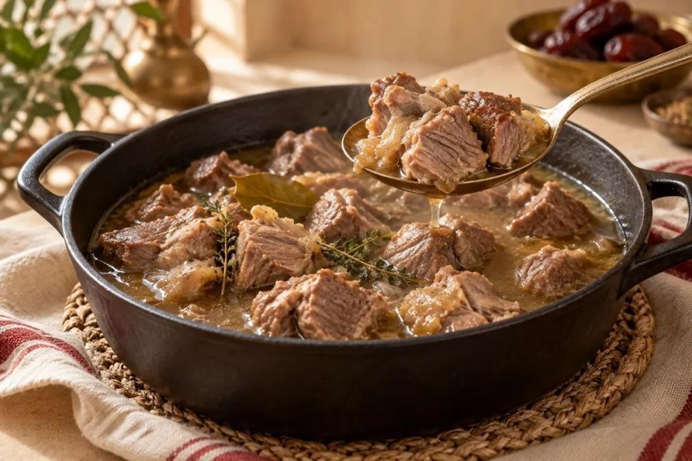 لحم مطهو في قدر بصورة توضيحية