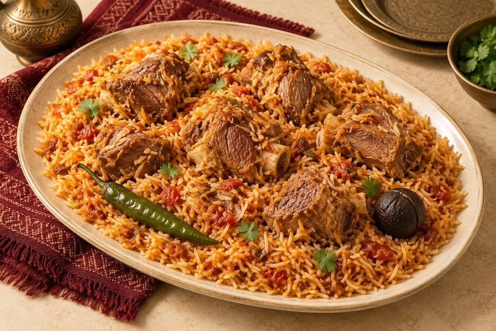 مضغوط لحم بقطع غنم بالعظم فوق أرز بسمتي متبل