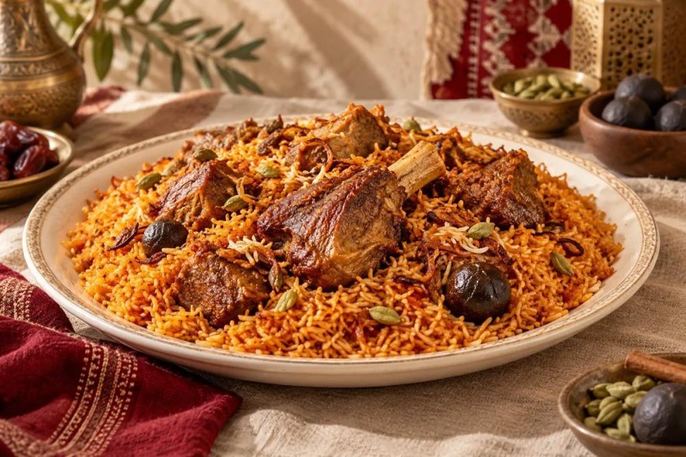 طبق كبسة لحم مع أرز وبهارات على مائدة بألوان كبش نجد