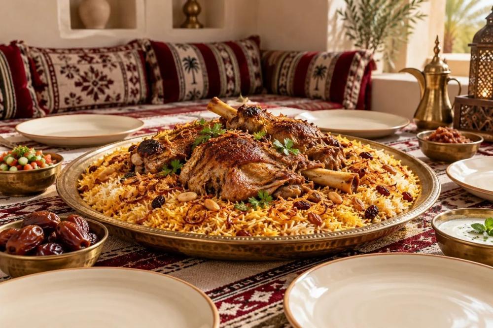 مائدة عزيمة بأطباق اللحم والأرز