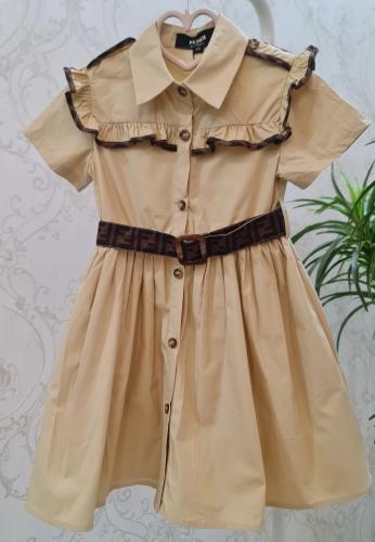 فستان بناتي  فخم ورزه [ اللون طحيني مع بني]