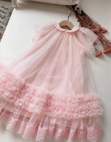 فستان تل  بناتي باللون الوردي المميز