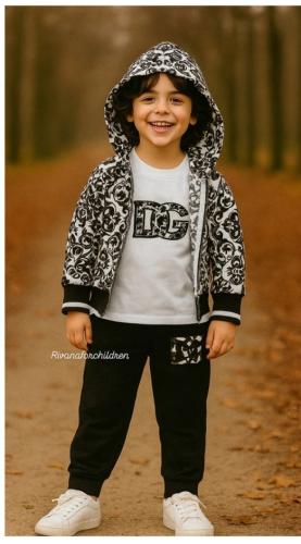 طقم اسود وابيض شتوي ولادي من ثلاث قطع