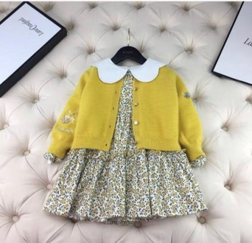 فستان شتوي أنيق مبطن بالفرو ( اللون : اصفر)