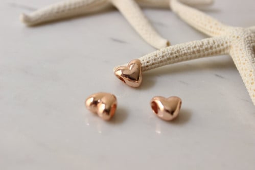 9x10mm Rose Gold Heart Beads, Inner Size 4 mm, Heart Charms, Slide Heart Charms, Charms, Rose Gold Plated Findings