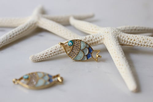 12x26mm 24k Shiny Gold Fish Charms, Micro Pave Charms