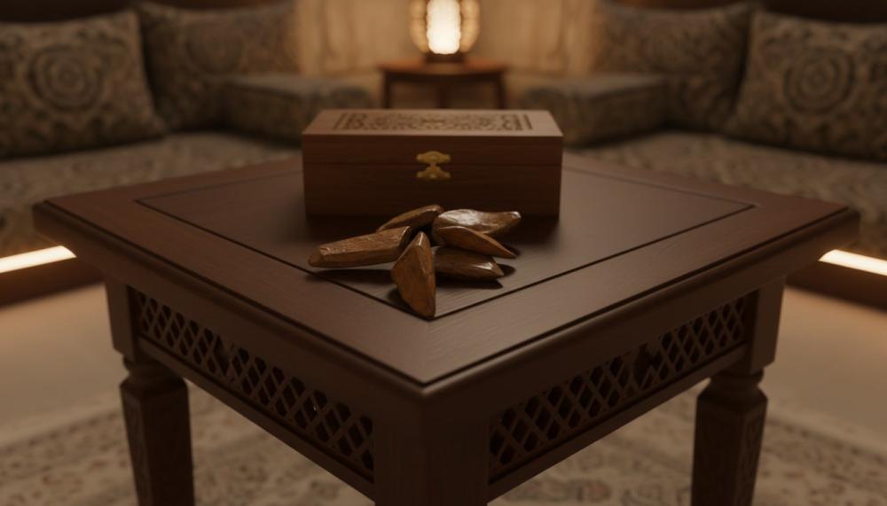 عود طبيعي موضوعة على طاولة فاخرة توضح الفرق عن العود الصناعي