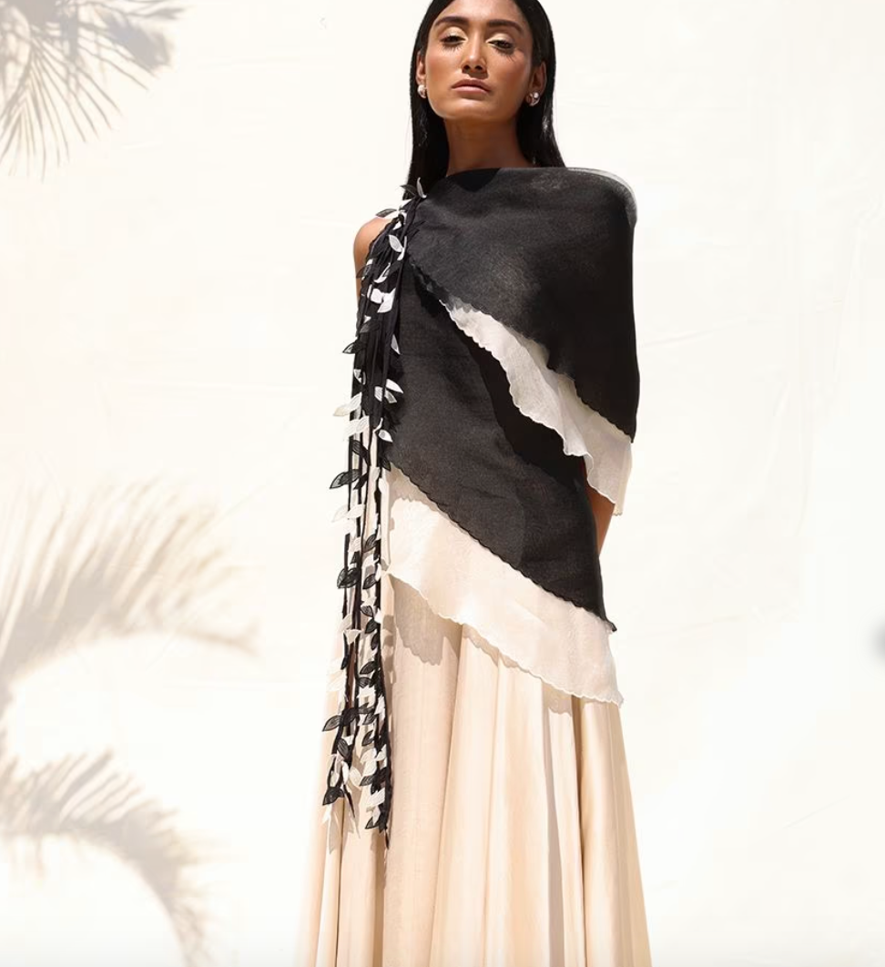 Richa KhemkaIvory & Black Gown With Ombre Ruffles