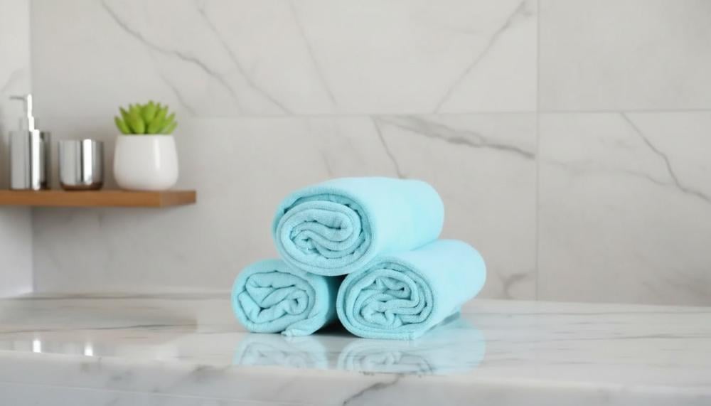 منشفة جسم زرقاء مطوية على سطح رخامي داخل حمام ضيوف من متجر RJ