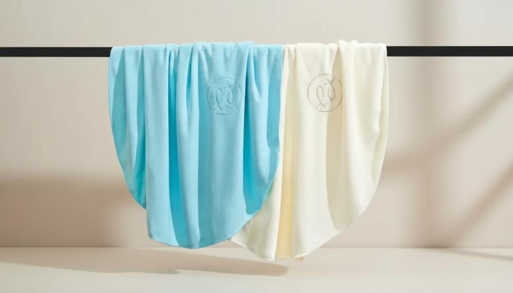 مناشف قطنية معلقة بلون ازرق وبيج من افضل ماركات المناشف للاستخدام اليو