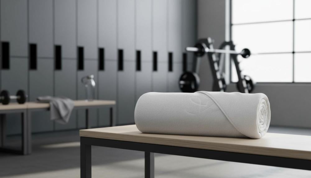 منشفة الجيم RJ قطنية بيضاء موضوعة على مقعد رياضي حديث