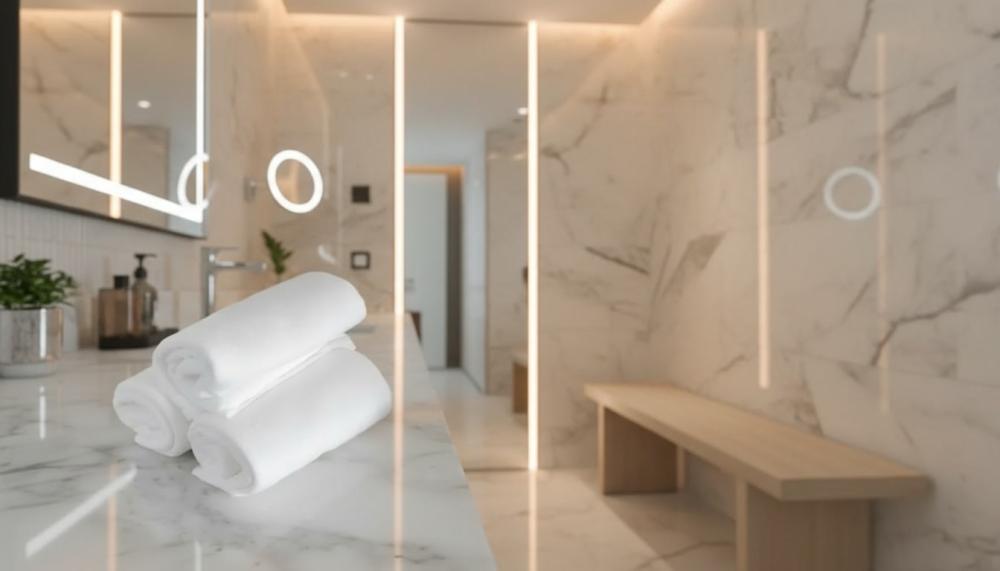 مناشف بيضاء مرتبة على رخامة فاخرة ضمن تجهيزات حمامات الفنادق