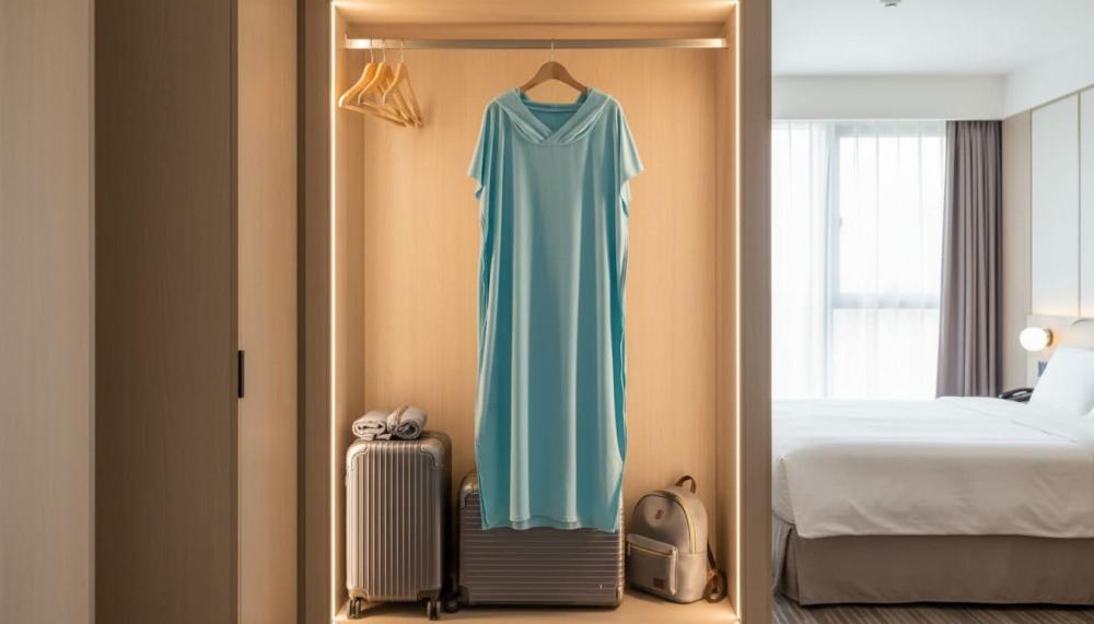 روب حمام خفيف للسفر RJ معلق داخل خزانة فندق بجوار حقائب السفر