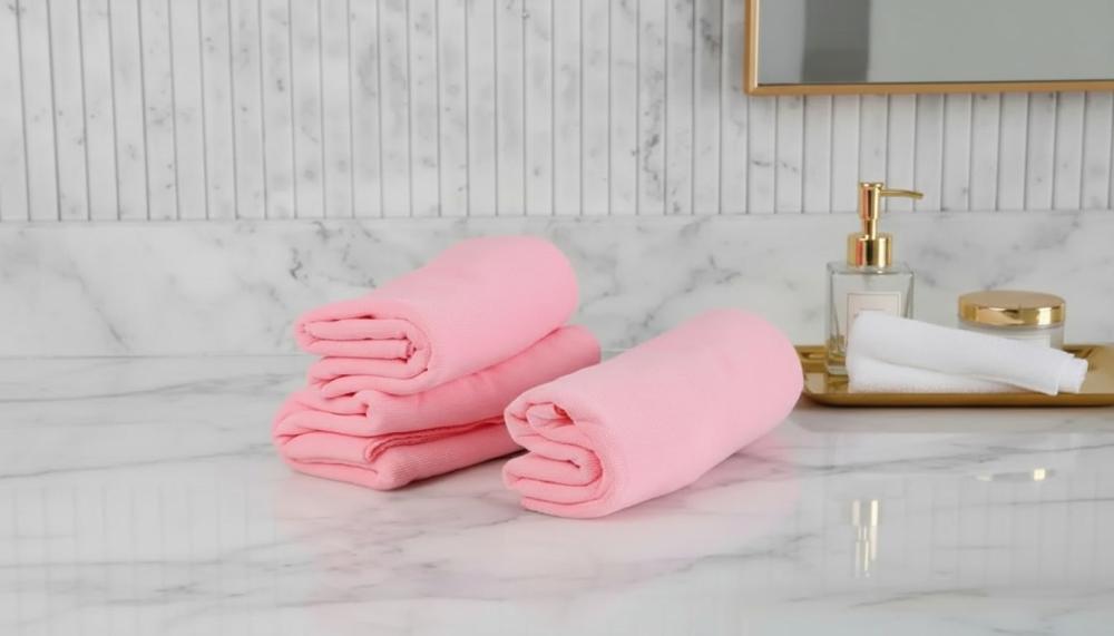 تظهر أفضل أنواع القطن للمناشف مناشف وردية ملفوفة على رخامة حمام أنيقة