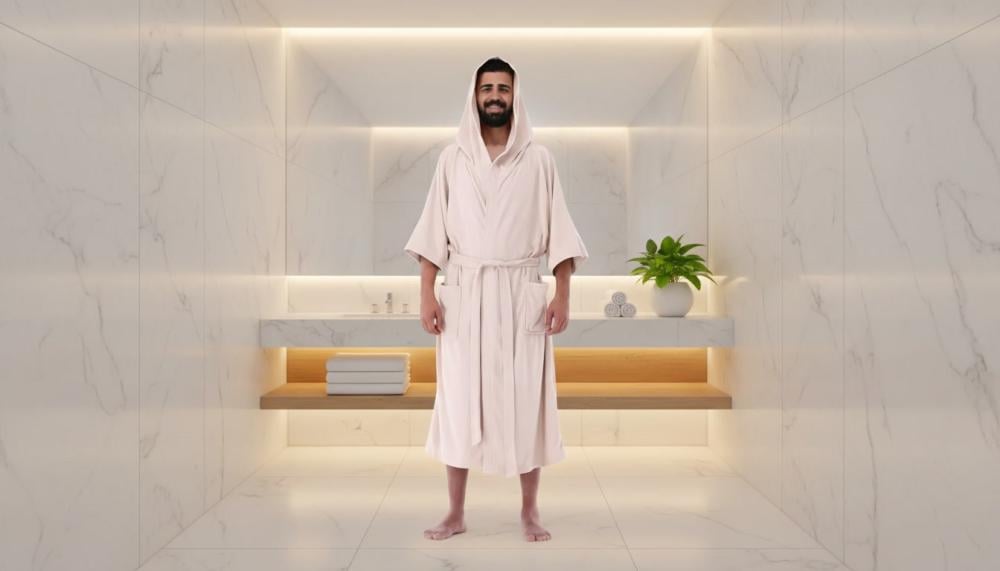 رجل يرتدي روب حمام بيج فاخر داخل حمام حديث أفضل أنواع أرواب الحمام