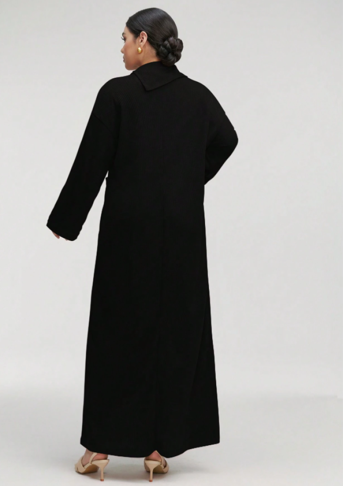 فستان طويل عربي متواضع بأكمام طويلة وياقة عالية وجيب للنساء فستان طويل