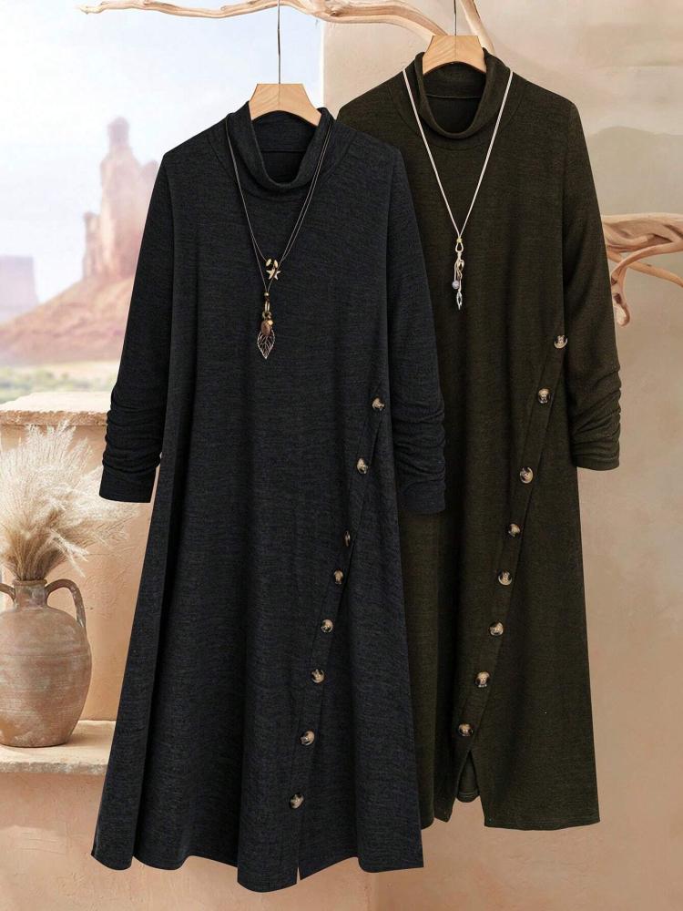 فستان طويل أنيق بطبعة هندسية وأكمام طويلة