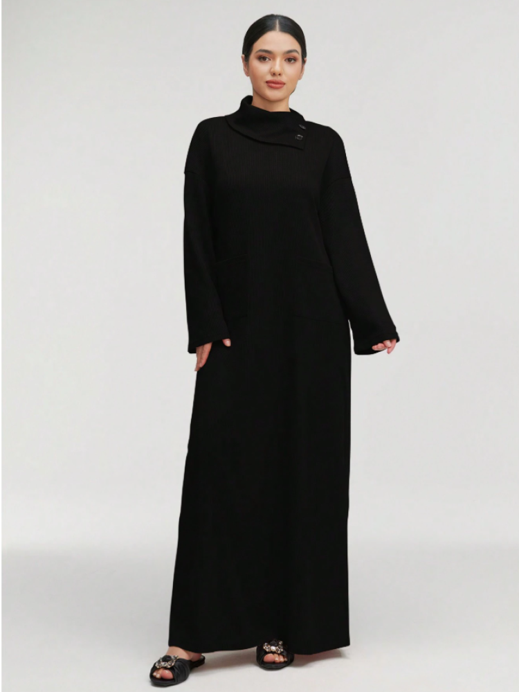 فستان طويل عربي متواضع بأكمام طويلة وياقة عالية وجيب للنساء فستان طويل