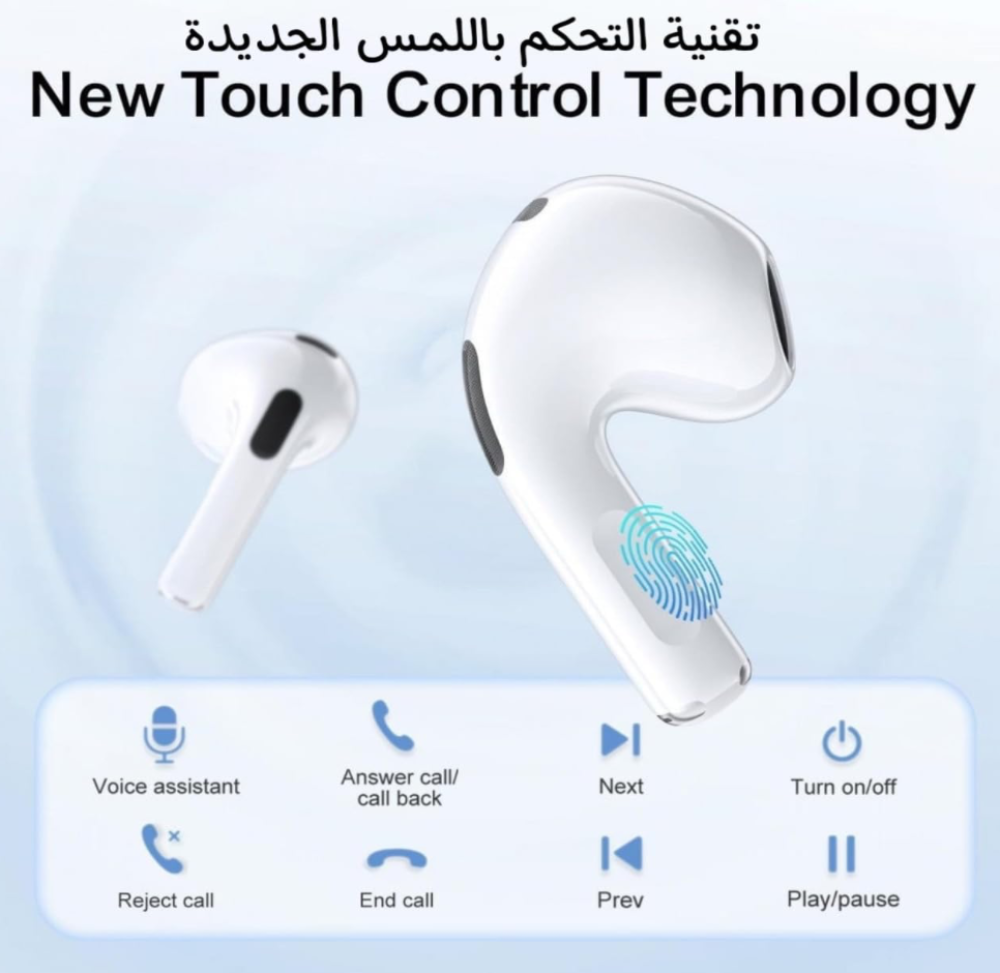 سماعات بلوتوث  صوت ستيريو لتجربة صوت عالية الوضوح , بطارية 300مللي أمبير . حساس لمس للتحكم بالصوت- تايب سي -شحن لاسلكي - أبيض