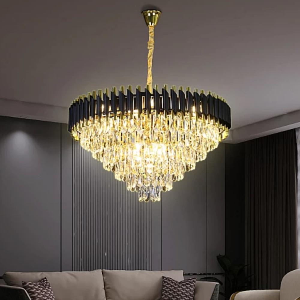 ثريا كريستال مستطيلة ذهبية سوداء مع أضواء معلقة في السقف - بيضاء دافئة