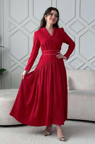 فستان ماكسي بحزام مزين بالفصوص لون احمر