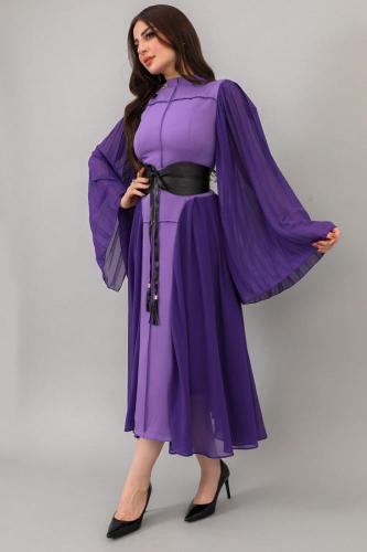 فستان ميدي موحد اللون بكسرات لون موف