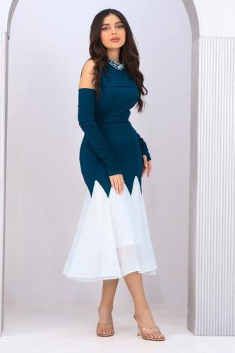 فستان ميدي باكمام منفصله بكتف مكشوف لون تركواز