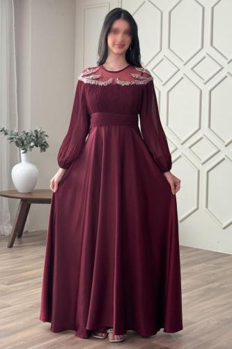 فستان سهرة بليسية مزين بالخرز لون عنابي