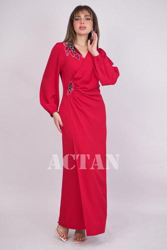 فستان ماكسي كريب مزين بترتر لون أحمر