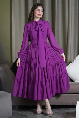 فستان ميدي شيفون بياقة عالية برباط لون بنفسجي